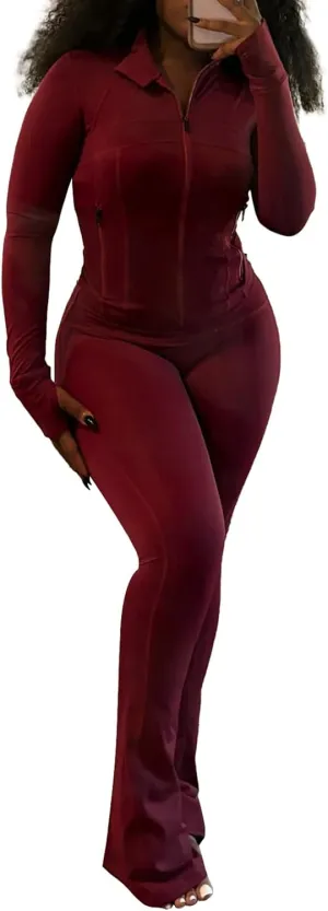 XZLUFNY Casual Workout Two Piece Outfits for Women Long Sleeve Tops Flare Pants Matching Sets