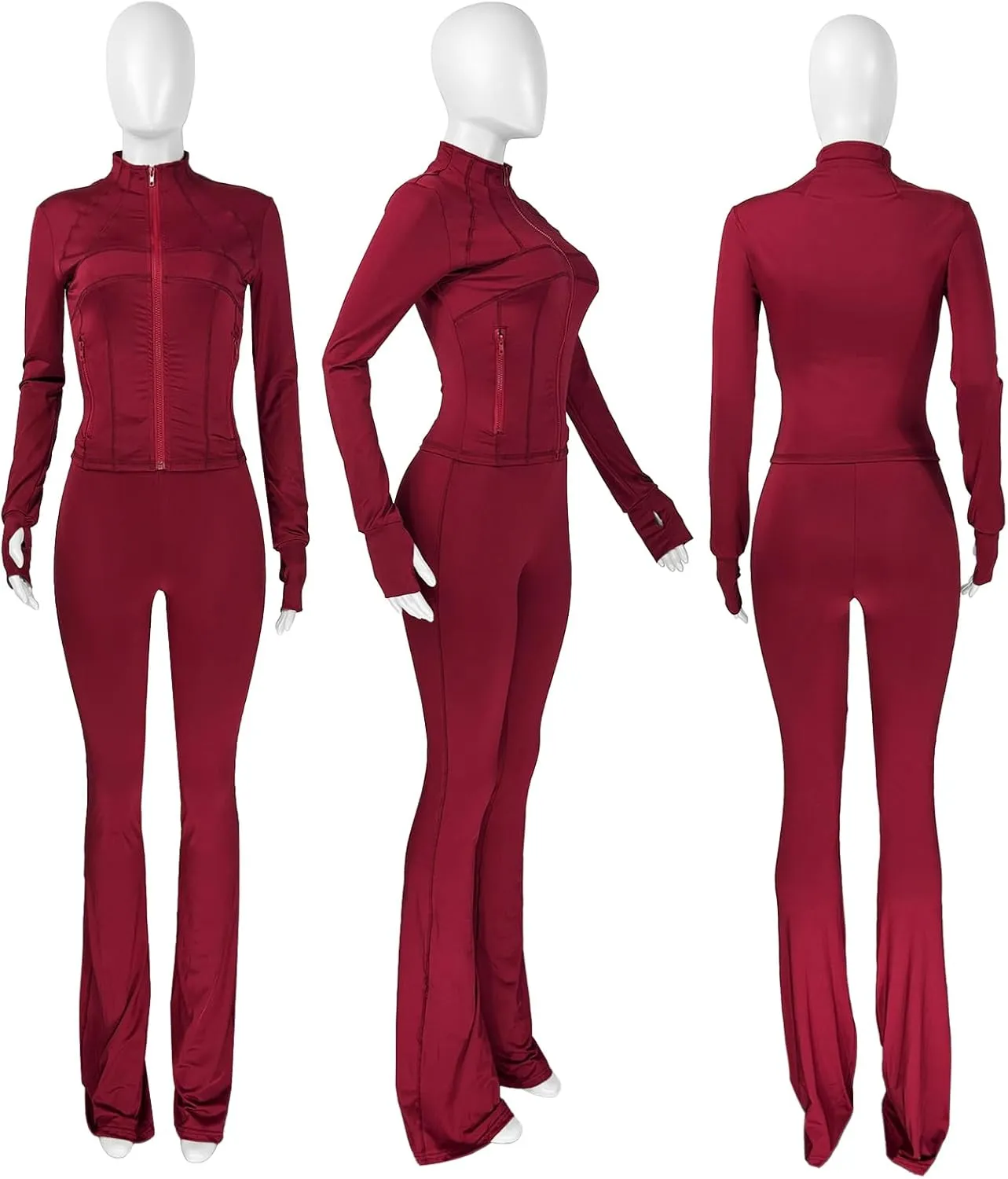 XZLUFNY Casual Workout Two Piece Outfits for Women Long Sleeve Tops Flare Pants Matching Sets
