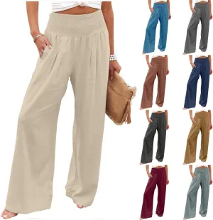 yardsong Linen Pants Women 2024 Summer Trendy Casual Wide Leg Pant Smocked High Waisted Palazzo Beach Pants with Pockets