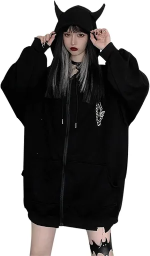 YEMOCILE Women's Devil Horn Butterfly Brooch Chain Hoodies Oversized Harajuku Zipper Sweatshirt Pullover Tops Black