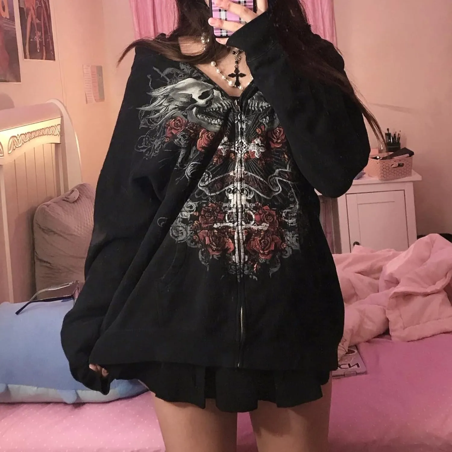 Yuemengxuan Womens Y2K Zipper Hoodie Long Sleeve Sweatshirt Harajuku Punk Grunge Tops Oversized Vintage Streetwear