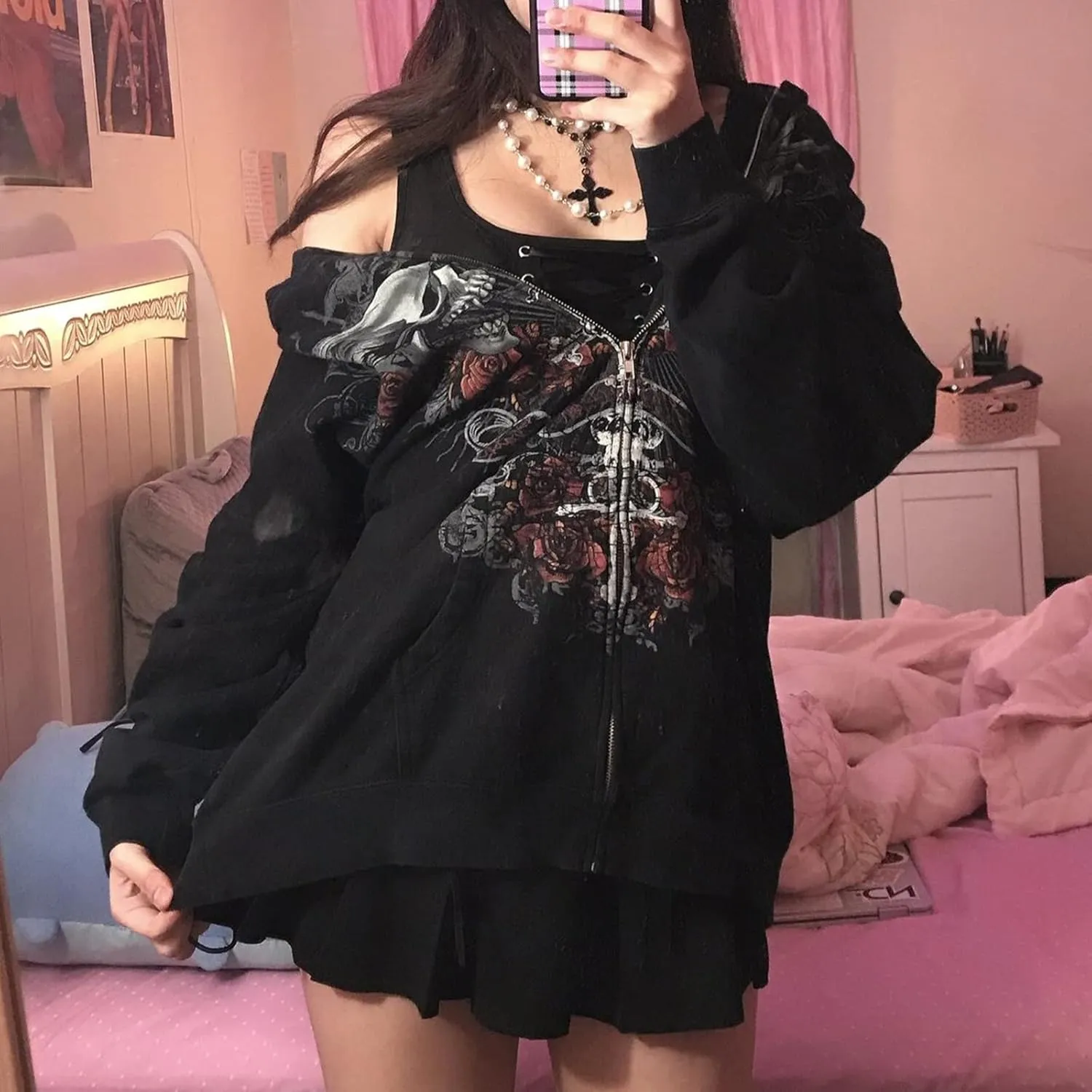 Yuemengxuan Womens Y2K Zipper Hoodie Long Sleeve Sweatshirt Harajuku Punk Grunge Tops Oversized Vintage Streetwear