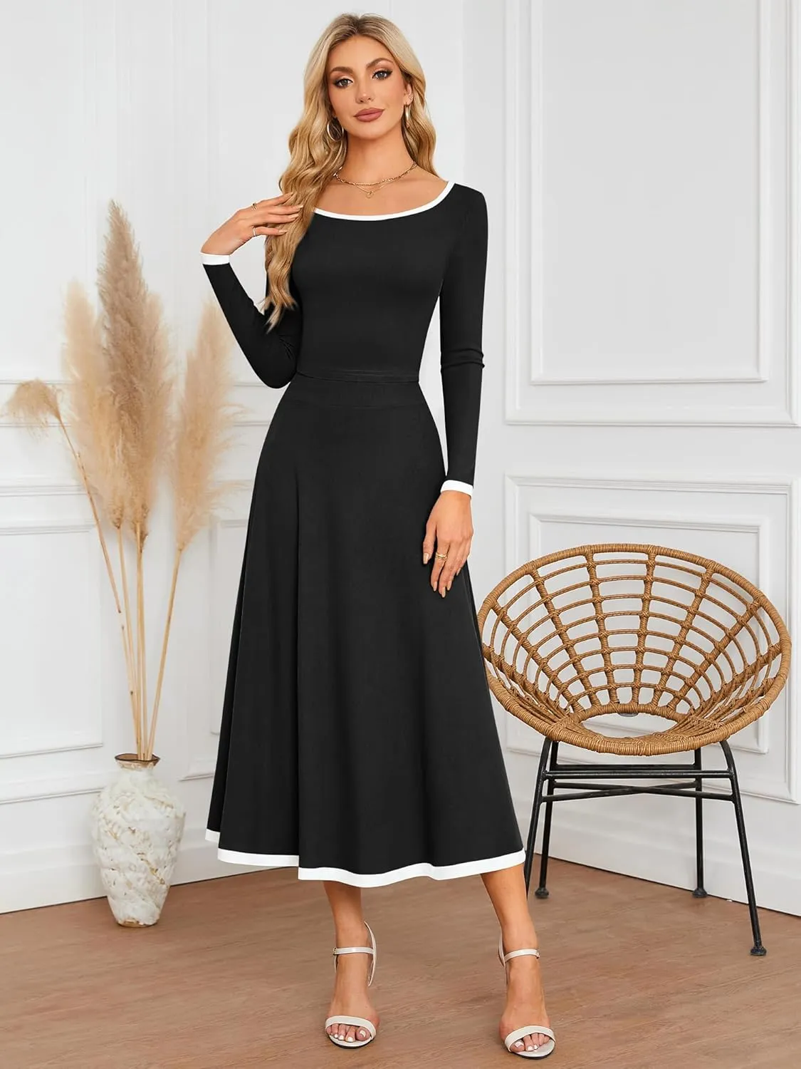 ZAFUL Two Piece Skirt Sets For Women 2024 Trendy Fall Outfits Square Neck Long Sleeve Crop Top Flowy Midi Skirt Set
