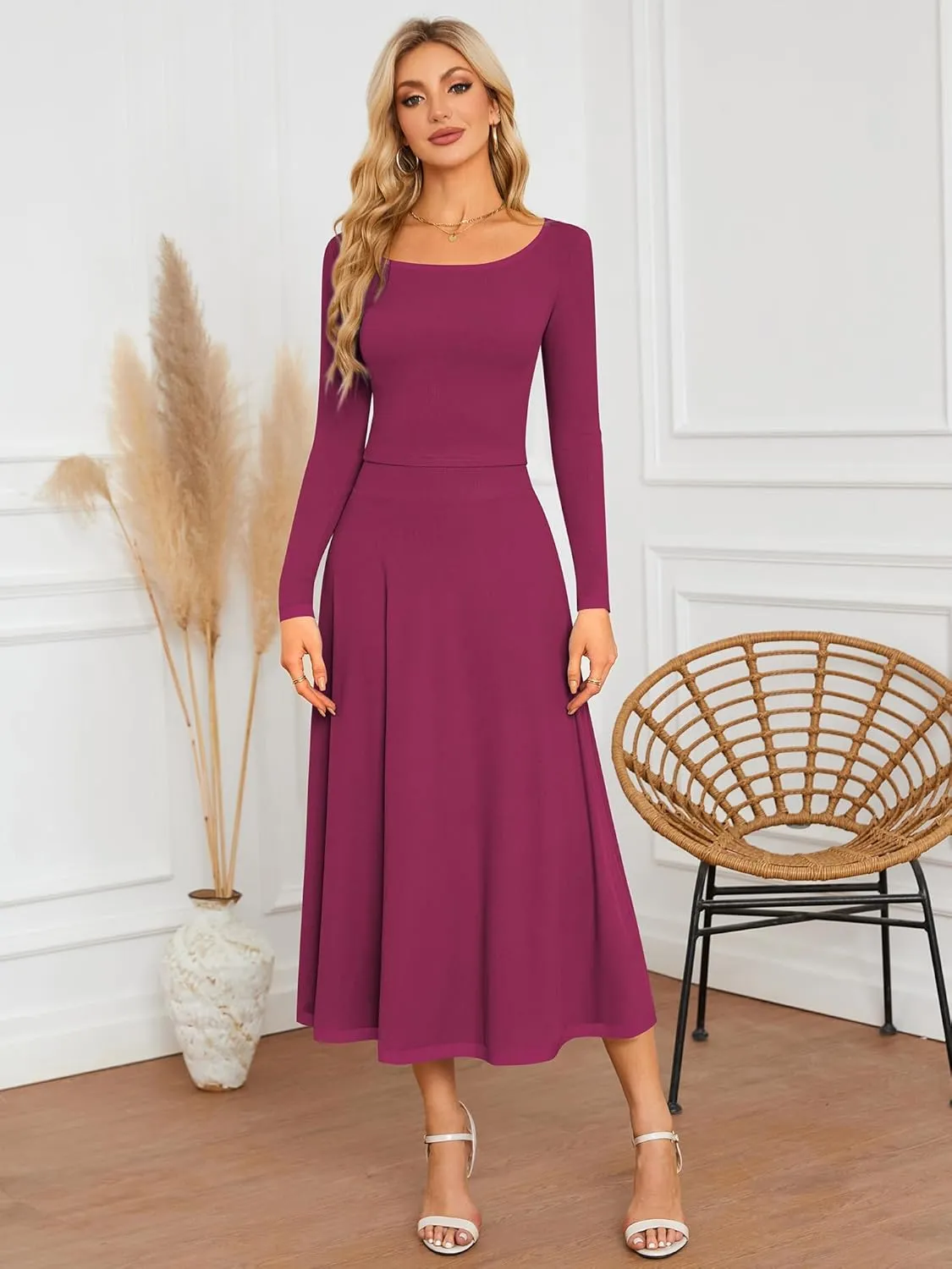 ZAFUL Two Piece Skirt Sets For Women 2024 Trendy Fall Outfits Square Neck Long Sleeve Crop Top Flowy Midi Skirt Set
