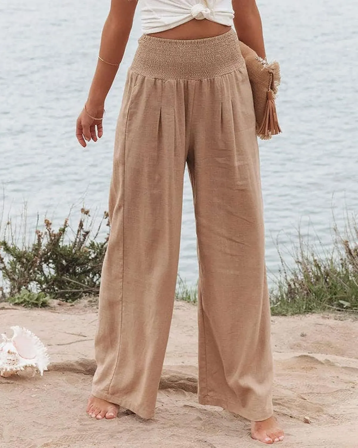 ZWRXW Linen Pants for Women 2024 Summer Wide Leg High Waist Palazzo Lounge Pants Beach Work Boho Casual Trousers with Pockets
