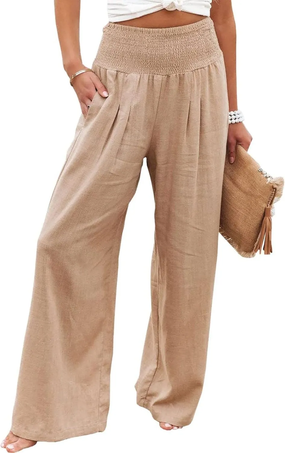 ZWRXW Linen Pants for Women 2024 Summer Wide Leg High Waist Palazzo Lounge Pants Beach Work Boho Casual Trousers with Pockets