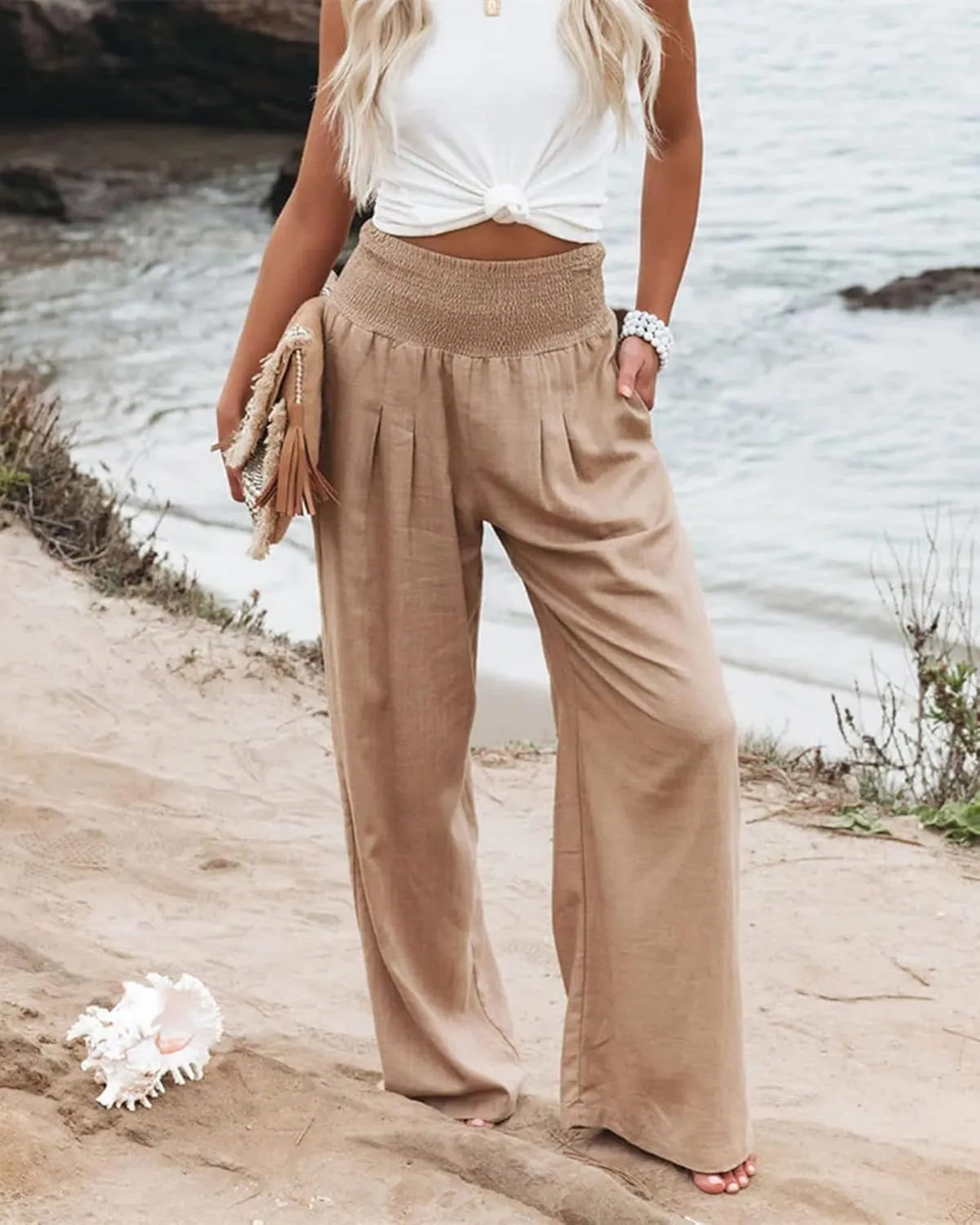 ZWRXW Linen Pants for Women 2024 Summer Wide Leg High Waist Palazzo Lounge Pants Beach Work Boho Casual Trousers with Pockets