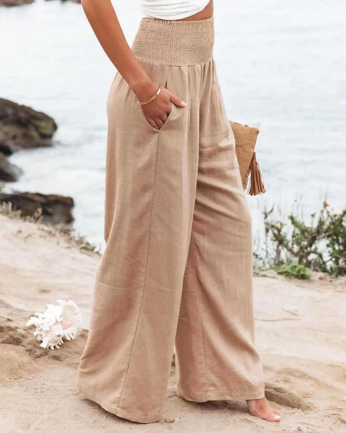 ZWRXW Linen Pants for Women 2024 Summer Wide Leg High Waist Palazzo Lounge Pants Beach Work Boho Casual Trousers with Pockets