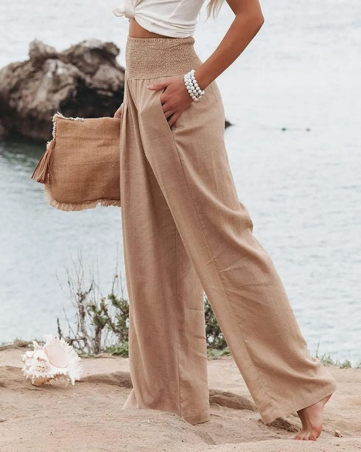 ZWRXW Linen Pants for Women 2024 Summer Wide Leg High Waist Palazzo Lounge Pants Beach Work Boho Casual Trousers with Pockets